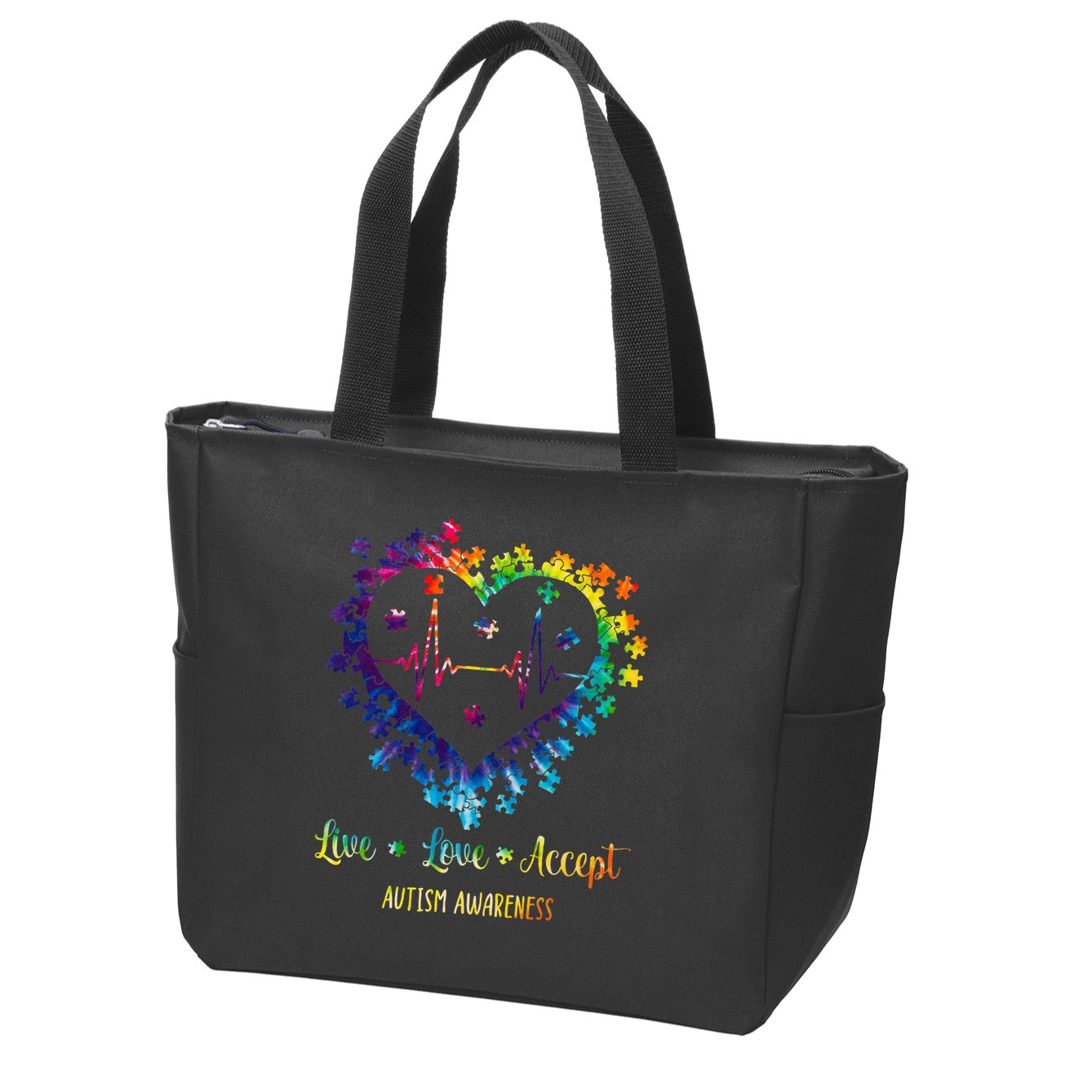 Live Love Accept Autism Awareness Tie Dye Autism Heartbeat Zip Tote Bag