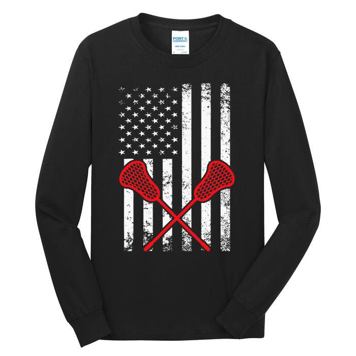 Lacrosse LAX American USA Flag Tall Long Sleeve T-Shirt