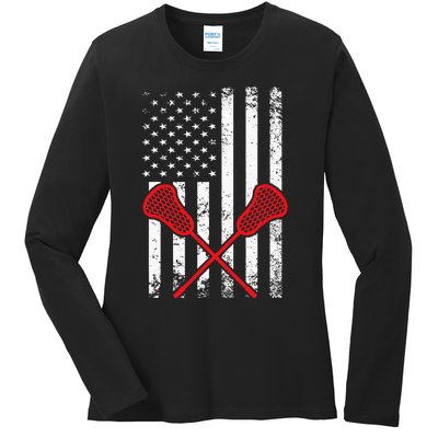 Lacrosse LAX American USA Flag Ladies Long Sleeve Shirt