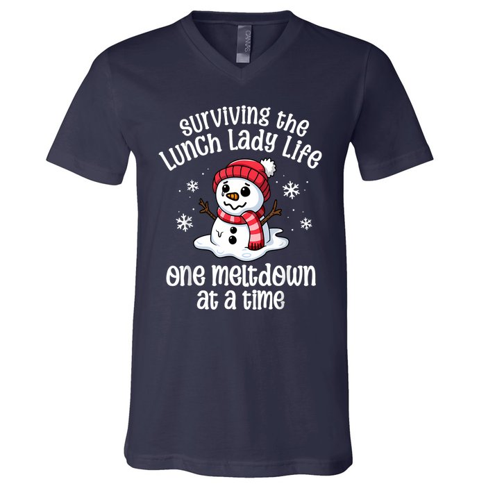 Lunch Lady Christmas One Meltdown At A Time Snowman Winter V-Neck T-Shirt