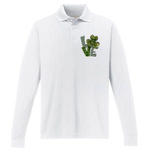 Love Lucky Clover Saint Patricks Day Irish St Patty Shamrock Performance Long Sleeve Polo