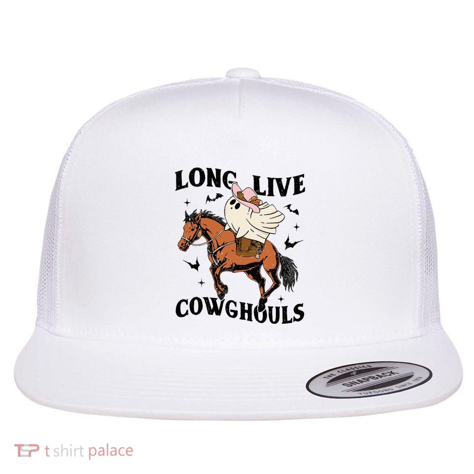Long Live Cowghouls Halloween Cowboy Ghost Riding Horse Flat Bill Trucker Hat