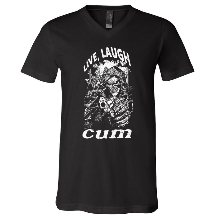 Live Laugh Cum Reaper Funny Vintage Goth Emo Gag V-Neck T-Shirt