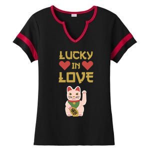 Lucky Love Cat Valentine Eki Neko Fortune Gift Ladies Halftime Notch Neck Tee