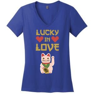 Lucky Love Cat Valentine Eki Neko Fortune Gift Women's V-Neck T-Shirt