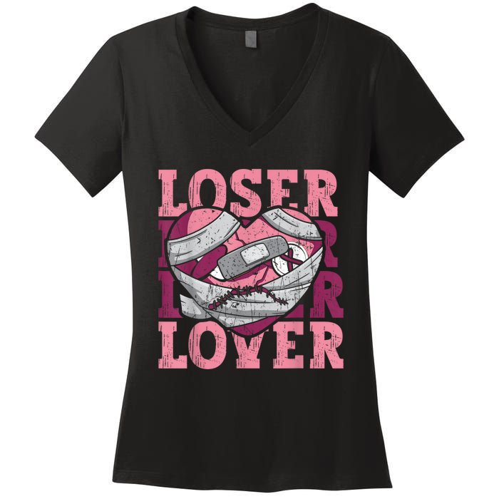 Lover Loser Dripping Heart Heartbreak Design Valentines Women's V-Neck T-Shirt