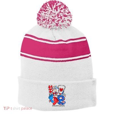 LOVE Labor & Delivery Nurse Life American Flag 4th Of July Stripe Pom Pom Beanie