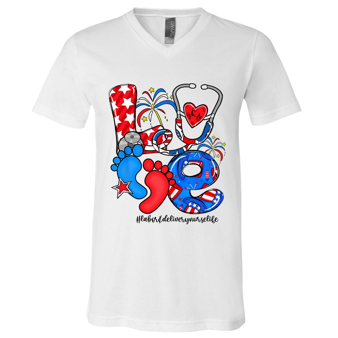 LOVE Labor & Delivery Nurse Life American Flag 4th Of July V-Neck T-Shirt