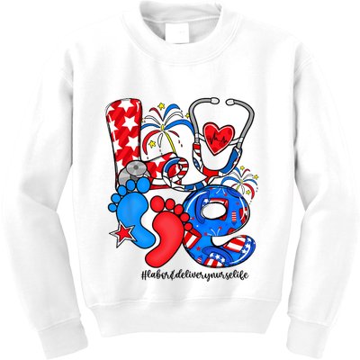LOVE Labor & Delivery Nurse Life American Flag 4th Of July Kids Sweatshirt