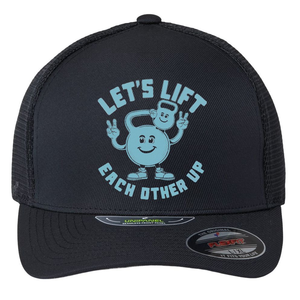 LetS Lift Each Other Up Kettlebell Peace Sign Gym Positive Flexfit Unipanel Trucker Cap