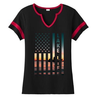 Lake Life Fisherman Sunset American Flag Bass Fishing Boat Ladies Halftime Notch Neck Tee