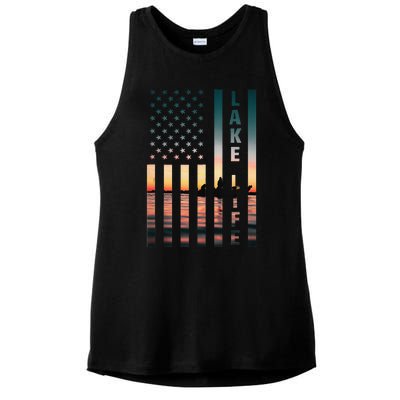 Lake Life Fisherman Sunset American Flag Bass Fishing Boat Ladies PosiCharge Tri-Blend Wicking Tank