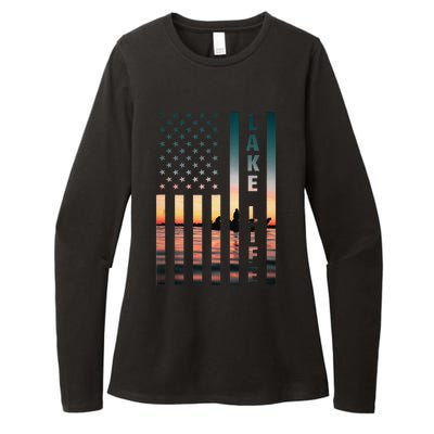 Lake Life Fisherman Sunset American Flag Bass Fishing Boat Womens CVC Long Sleeve Shirt