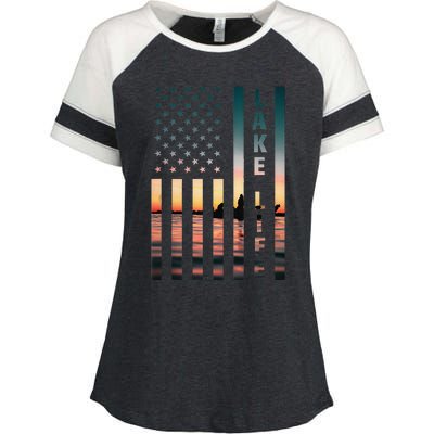 Lake Life Fisherman Sunset American Flag Bass Fishing Boat Enza Ladies Jersey Colorblock Tee