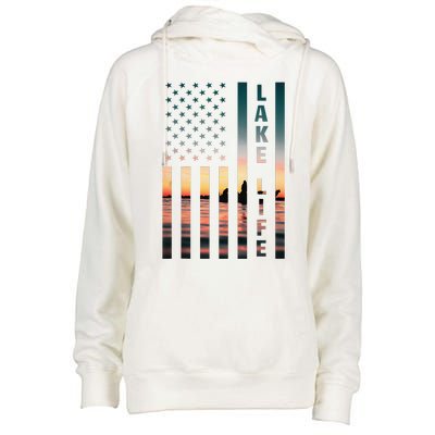 Lake Life Fisherman Sunset American Flag Bass Fishing Boat Womens Funnel Neck Pullover Hood