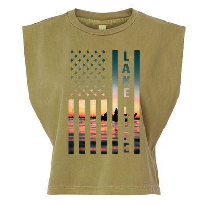 Lake Life Fisherman Sunset American Flag Bass Fishing Boat Garment-Dyed Women's Muscle Tee