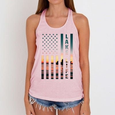 Lake Life Fisherman Sunset American Flag Bass Fishing Boat Women's Knotted Racerback Tank