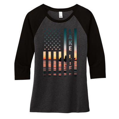 Lake Life Fisherman Sunset American Flag Bass Fishing Boat Women's Tri-Blend 3/4-Sleeve Raglan Shirt