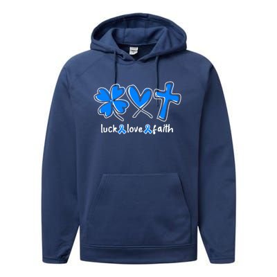 Luck Love Faith Colon Cancer Awareness Gift Performance Fleece Hoodie