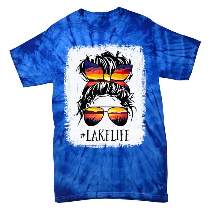 Lake Life Gift Messy Bun Mom Grandma Gift Tie-Dye T-Shirt