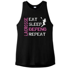 Lacrosse Lax Gear Gifts Eat Sleep Defend Ladies PosiCharge Tri-Blend Wicking Tank