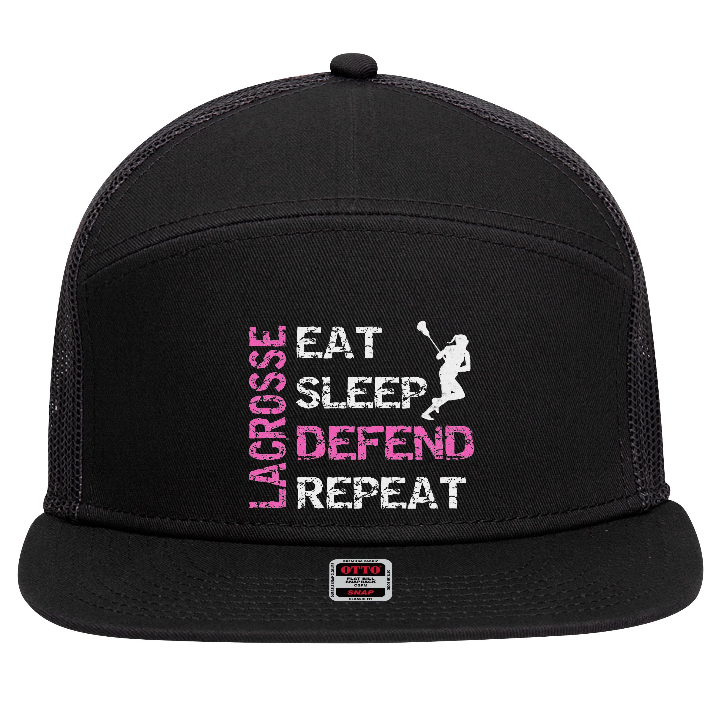 Lacrosse Lax Gear Gifts Eat Sleep Defend 7 Panel Mesh Trucker Snapback Hat