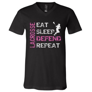 Lacrosse Lax Gear Gifts Eat Sleep Defend V-Neck T-Shirt