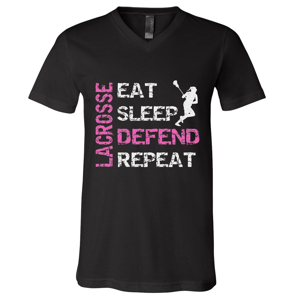 Lacrosse Lax Gear Gifts Eat Sleep Defend V-Neck T-Shirt