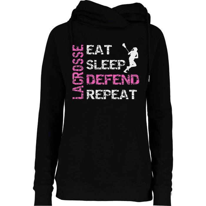 Lacrosse Lax Gear Gifts Eat Sleep Defend Womens Funnel Neck Pullover Hood