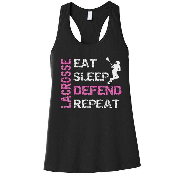 Lacrosse Lax Gear Gifts Eat Sleep Defend Women's Racerback Tank