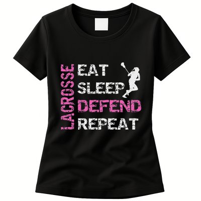 Lacrosse Lax Gear Gifts Eat Sleep Defend Womens T-Shirt