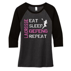 Lacrosse Lax Gear Gifts Eat Sleep Defend Women's Tri-Blend 3/4-Sleeve Raglan Shirt