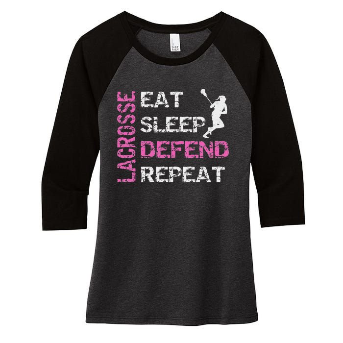 Lacrosse Lax Gear Gifts Eat Sleep Defend Women's Tri-Blend 3/4-Sleeve Raglan Shirt