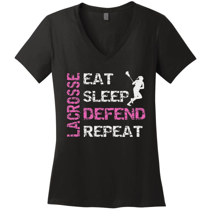 Lacrosse Lax Gear Gifts Eat Sleep Defend Women's V-Neck T-Shirt