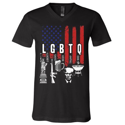 LGBTQ Liberty Guns Bible Trump BBQ USA Flag Vintage V-Neck T-Shirt