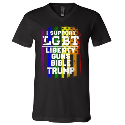 LGBT LIBERTY, GUNS, BIBLE, TRUMP Funny I Support LGBT Parody Election Gift V-Neck T-Shirt