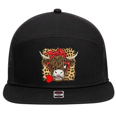 Leopard Love Highland Cow Heifer Bandana Valentines Day Funny Gift 7 Panel Mesh Trucker Snapback Hat