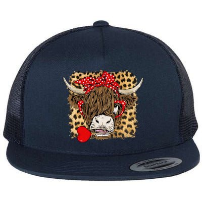 Leopard Love Highland Cow Heifer Bandana Valentines Day Funny Gift Flat Bill Trucker Hat