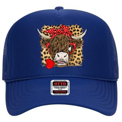 Leopard Love Highland Cow Heifer Bandana Valentines Day Funny Gift High Crown Mesh Back Trucker Hat