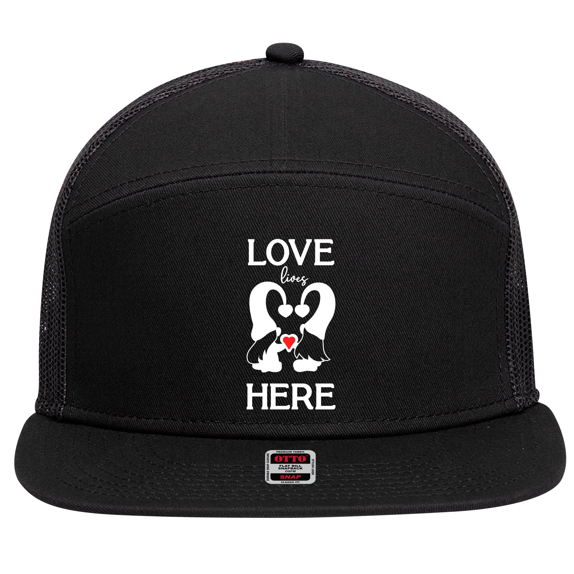 Love Lives Here Happy Valentines Gnome Heart 7 Panel Mesh Trucker Snapback Hat