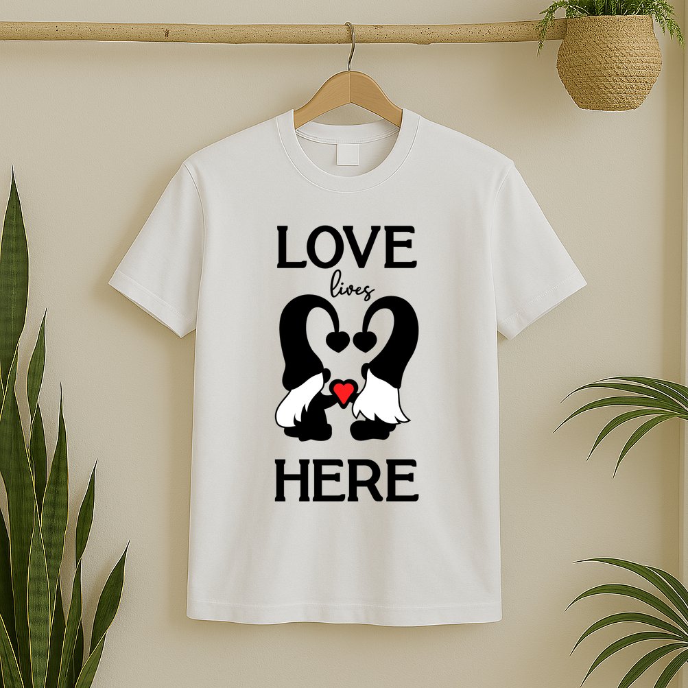 Love Lives Here Happy Valentines Gnome Heart T-Shirt