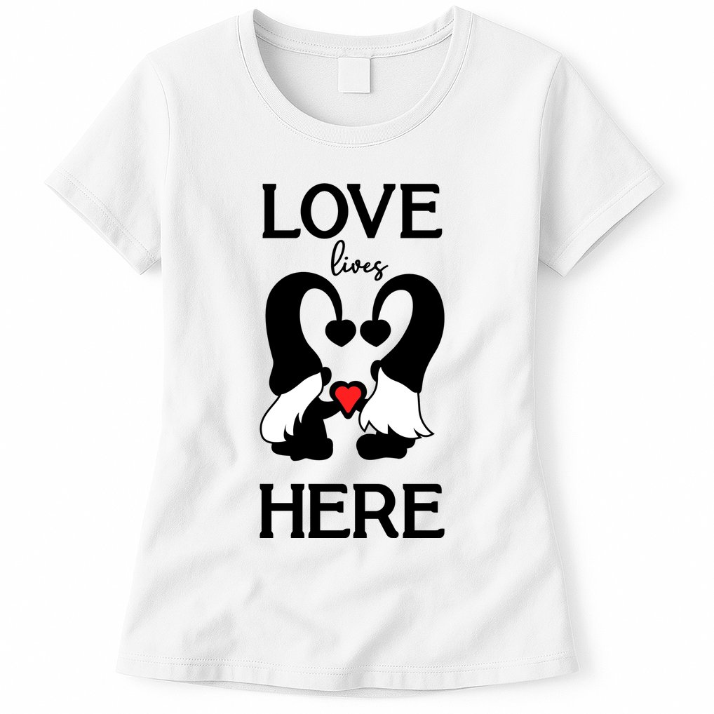 Love Lives Here Happy Valentines Gnome Heart Womens T-Shirt