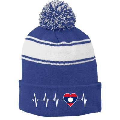 Laotian Lao Heartbeat I Love Laos Flag Country Gift Funny Gift Stripe Pom Pom Beanie