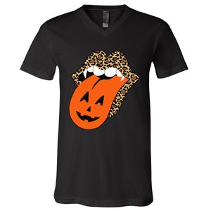 Leopard Lips Halloween Lips Vampire Mouth Pumpkin Tongue V-Neck T-Shirt