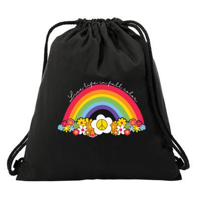 Live Life In Full Color Rainbow Peace Floral Drawstring Bag