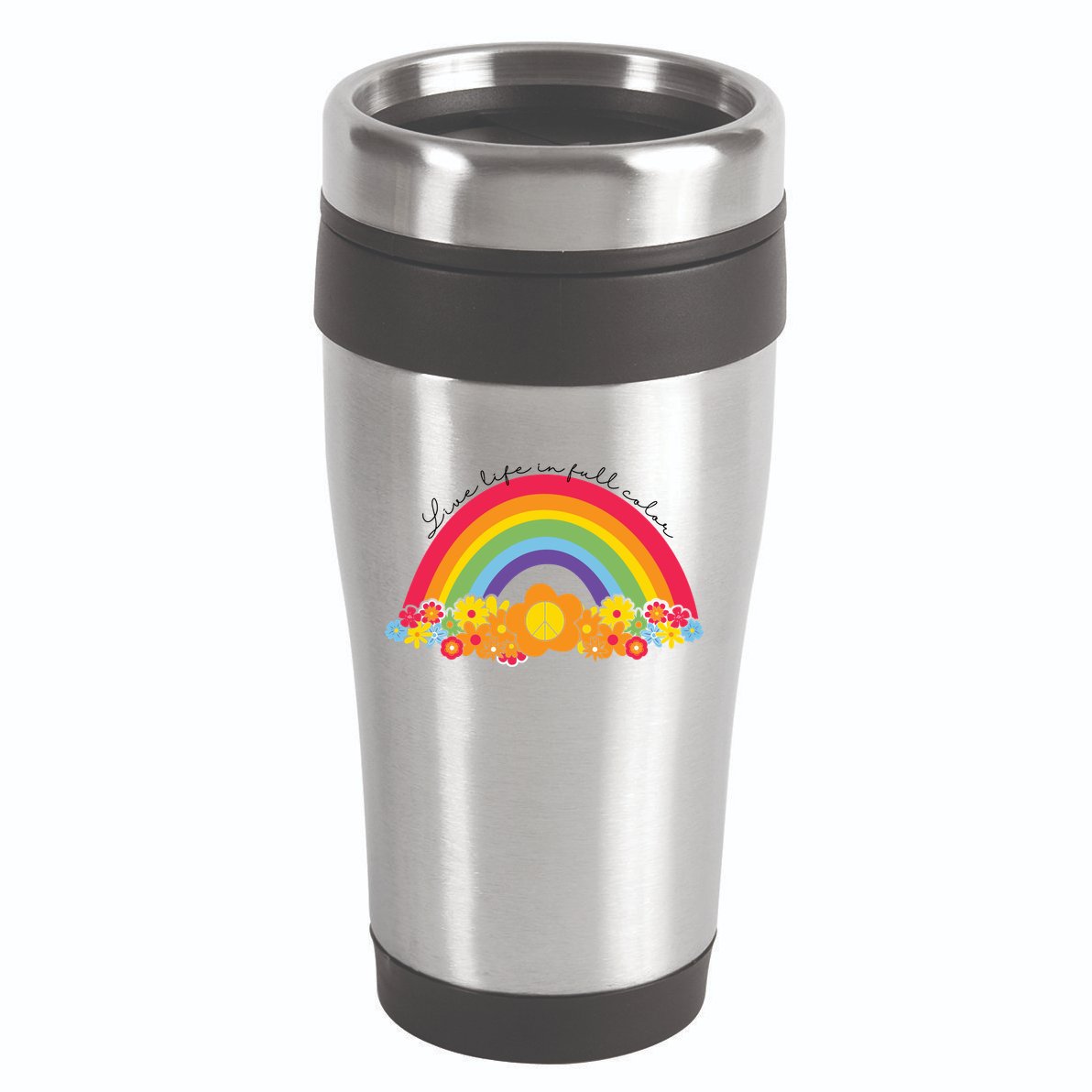 Live Life In Full Color Rainbow Peace Floral 16oz Travel Tumbler
