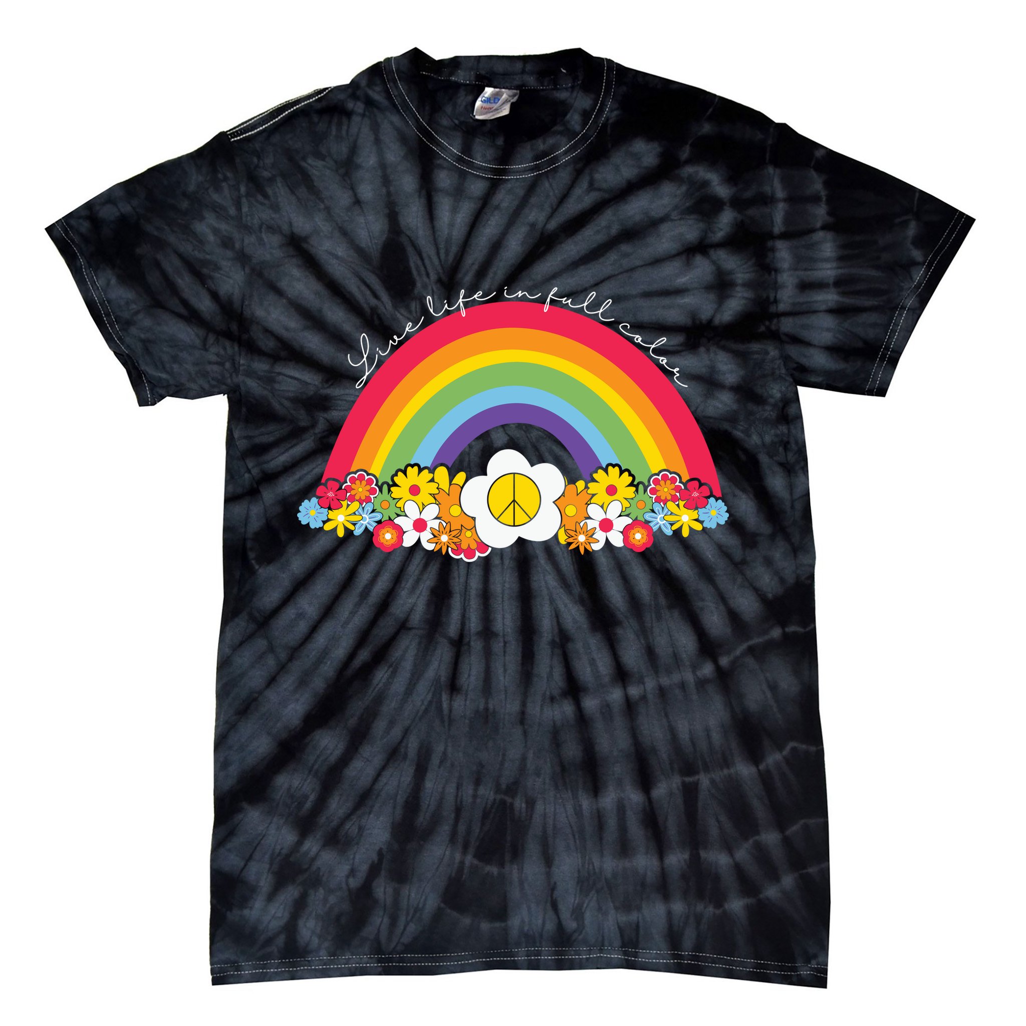 Live Life In Full Color Rainbow Peace Floral Tie-Dye T-Shirt