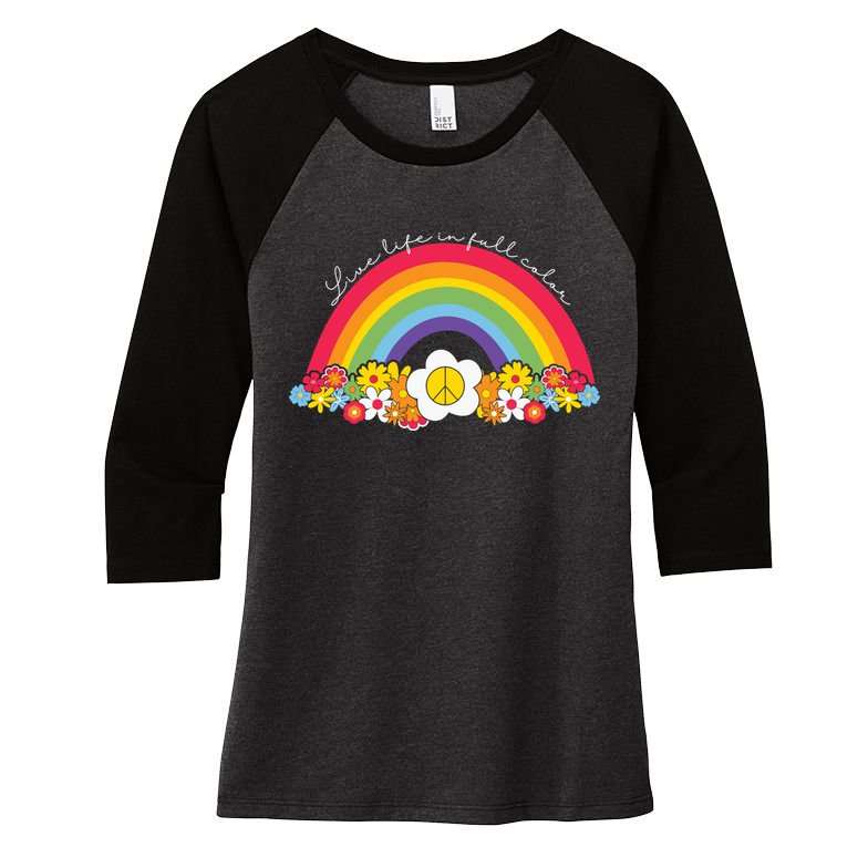 Live Life In Full Color Rainbow Peace Floral Women's Tri-Blend 3/4-Sleeve Raglan Shirt