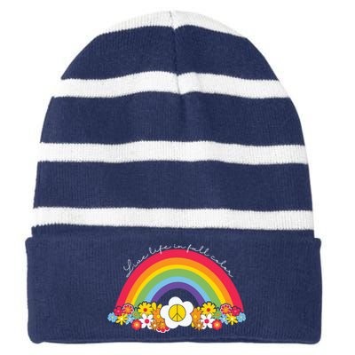 Live Life In Full Color Rainbow Peace Floral Striped Beanie with Solid Band