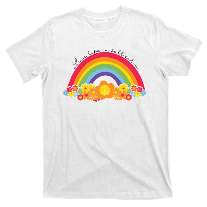 Live Life In Full Color Rainbow Peace Floral T-Shirt